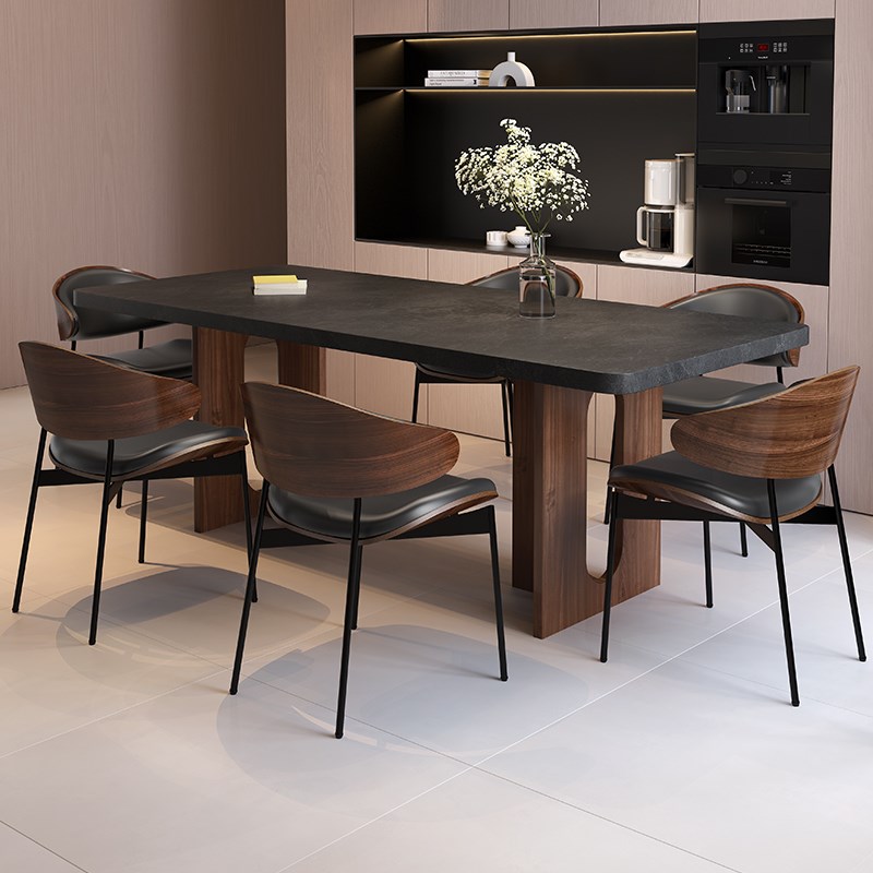 意式极简小户型长j方形家用客厅现代简约岩板餐桌轻奢组合实木桌 - 图1