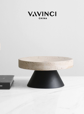梵其侘寂风创意洞石圆形实木底托盘摆件简约客厅茶几餐.桌果盘装
