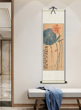 齐鸟石花鸟画虾布 水墨虾 花白画装饰画国画绢画菊花荷花挂画图画
