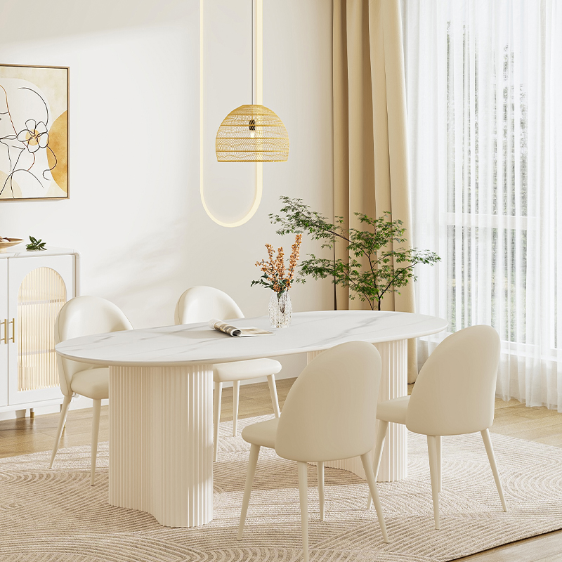 奶油风高端椭圆形饭厅桌子纯白色岩板餐桌轻奢罗马柱饭桌家用简约 - 图0