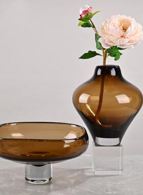 现代轻ELY奢茶色琉璃果花瓶盘套装摆件酒样间玄关桌面板软装饰店