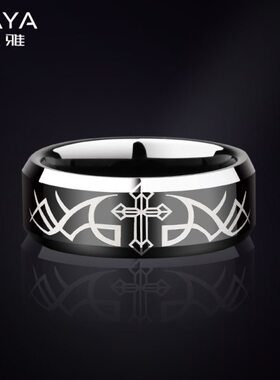 十字架戒指男钨金霸气个性单身戒简约食指尾戒男士素圈指环潮黑色