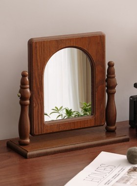 中古梳妆台镜子摆件化妆镜台式桌面复古主卧室梳妆镜学生宿舍摆件