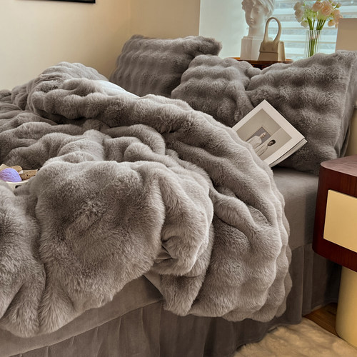 冬季加绒加厚獭兔绒床上四件套公主风双L面毛绒珊瑚牛奶绒床被套 - 图2