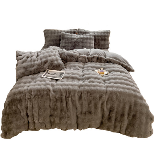冬季加绒加厚獭兔绒床上四件套公主风双L面毛绒珊瑚牛奶绒床被套 - 图3
