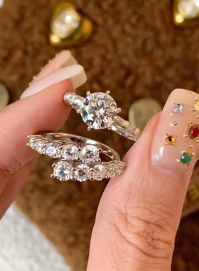 2025新款中古拉丝满钻锆石戒指女轻奢风时尚百搭高级W感开口食指