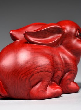 红色木雕刻兔子摆件十二生肖木质兔客厅电视柜装饰品开业新居送礼