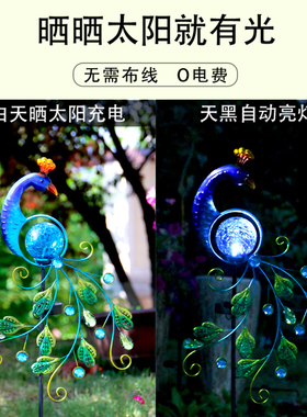花园庭院装饰太阳能裂纹灯蓝色仿真孔雀幼儿园景观铁艺户外小摆件