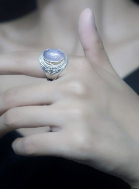 尼泊尔手工银饰品粉水晶芙蓉石戒指女开口M指环个性创意复古民族