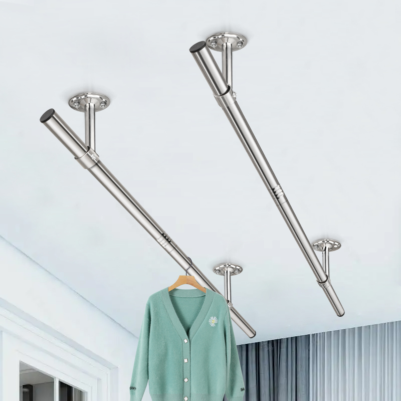 晾衣杆阳台顶装固定晾衣架不锈钢晒衣架单杆挂衣杆室W外防风凉衣 - 图1