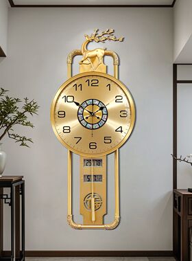 新款中式轻奢黄铜客厅挂钟福鹿豪华高档挂钟表钟挂墙客厅静音时钟