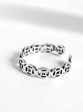 抖音快手直播货源纯银复古做旧铜钱指环韩版个性女款钱币发财戒指