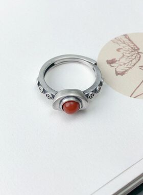 S925纯银南红铜钱小元宝戒指女活口复古风国风红色指环配饰品