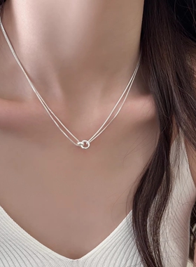 银白环环相扣双层锁骨链新款