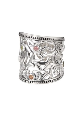 s925银彩宝唐草纹宽面戒指男女款雕花镂空夸张大气活口食指环饰品