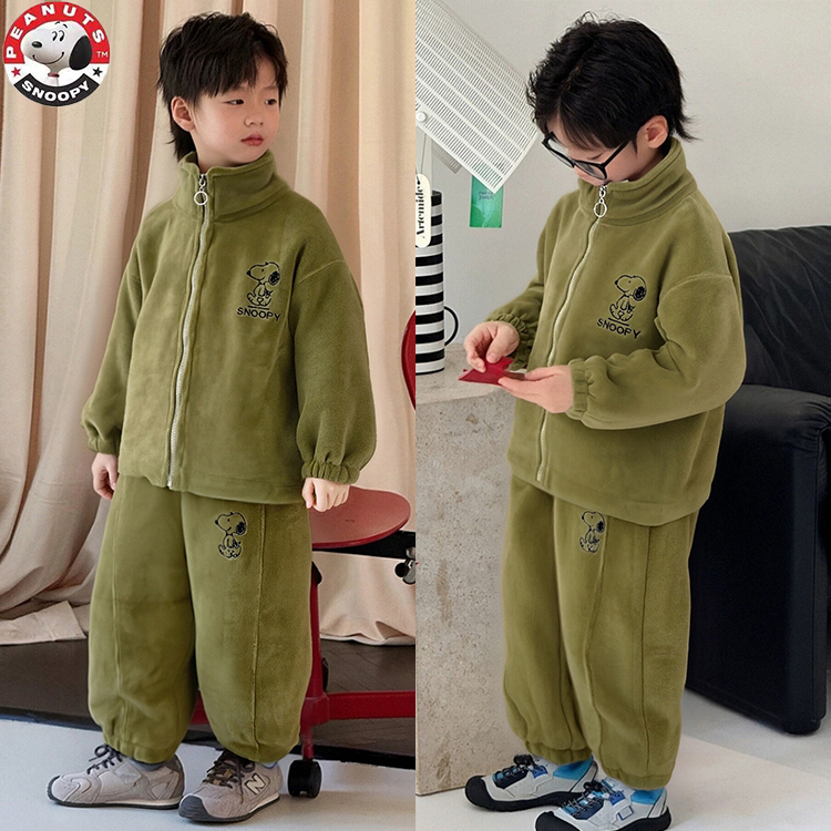 史努比2025秋冬儿童家居服套装男女奥粒绒保暖睡衣亲子装两件套装
