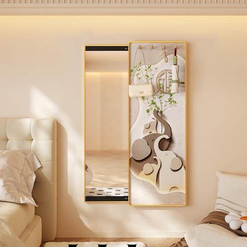 奶油侘寂风大象推拉式穿衣镜 隐藏洞洞板玄关全身镜 小清新风格镜 - 图0