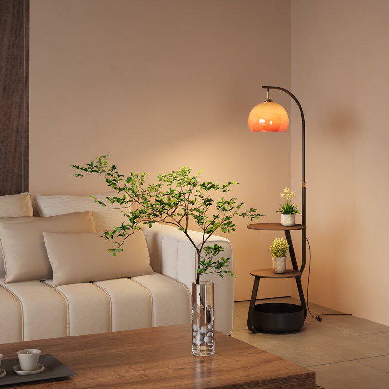 中古风落地灯客厅沙发旁高级感柚子E灯卧室床头柜置物充电一体台 - 图0