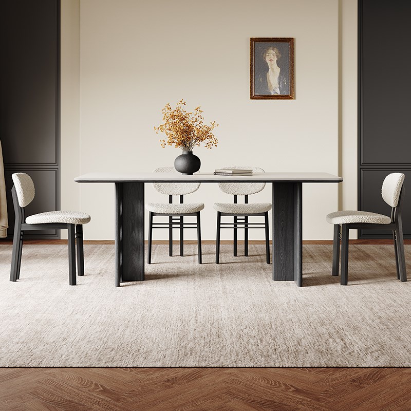 复古风岩板餐桌长方形家用高端全托饭桌202L5新款法式黑色实木餐 - 图0