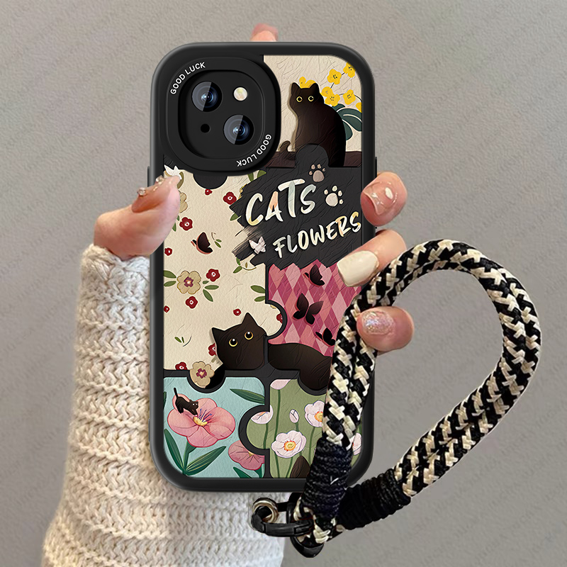 黑色猫咪适用苹果13手机壳新款小羊皮iPhonexsmax疯狂高级感XR女11promax卡通情侣IP12mini防摔por小众男套 - 图0