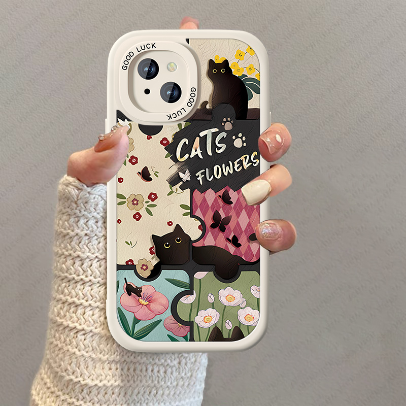 黑色猫咪适用苹果13手机壳新款小羊皮iPhonexsmax疯狂高级感XR女11promax卡通情侣IP12mini防摔por小众男套 - 图2