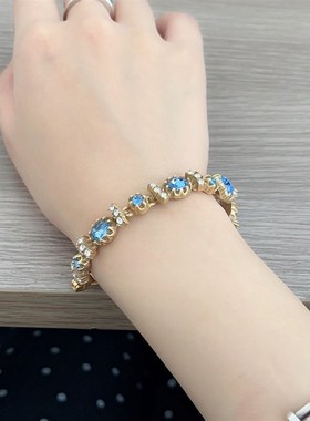 轻奢高级感镶彩钻蓝色手链复古做旧时尚通勤新款卡扣手饰