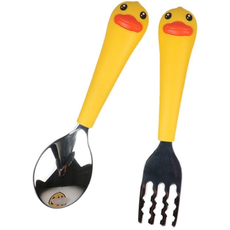B.Duck小黄鸭儿童餐具吃饭训练勺子幼儿出门小宝宝辅食不锈钢叉勺,淘宝优惠券,粉丝福利购,淘宝优惠卷