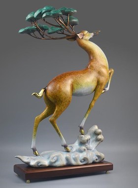 全铜鹿摆件创意中式轻奢高端客厅办公桌面装饰开业礼物黄铜工艺品