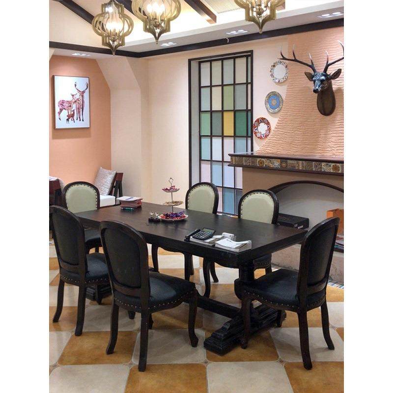 美式复古实木家用法式乡村餐桌小户型长方形桌子原木六人桌椅组合,淘宝优惠券,粉丝福利购,淘宝优惠卷