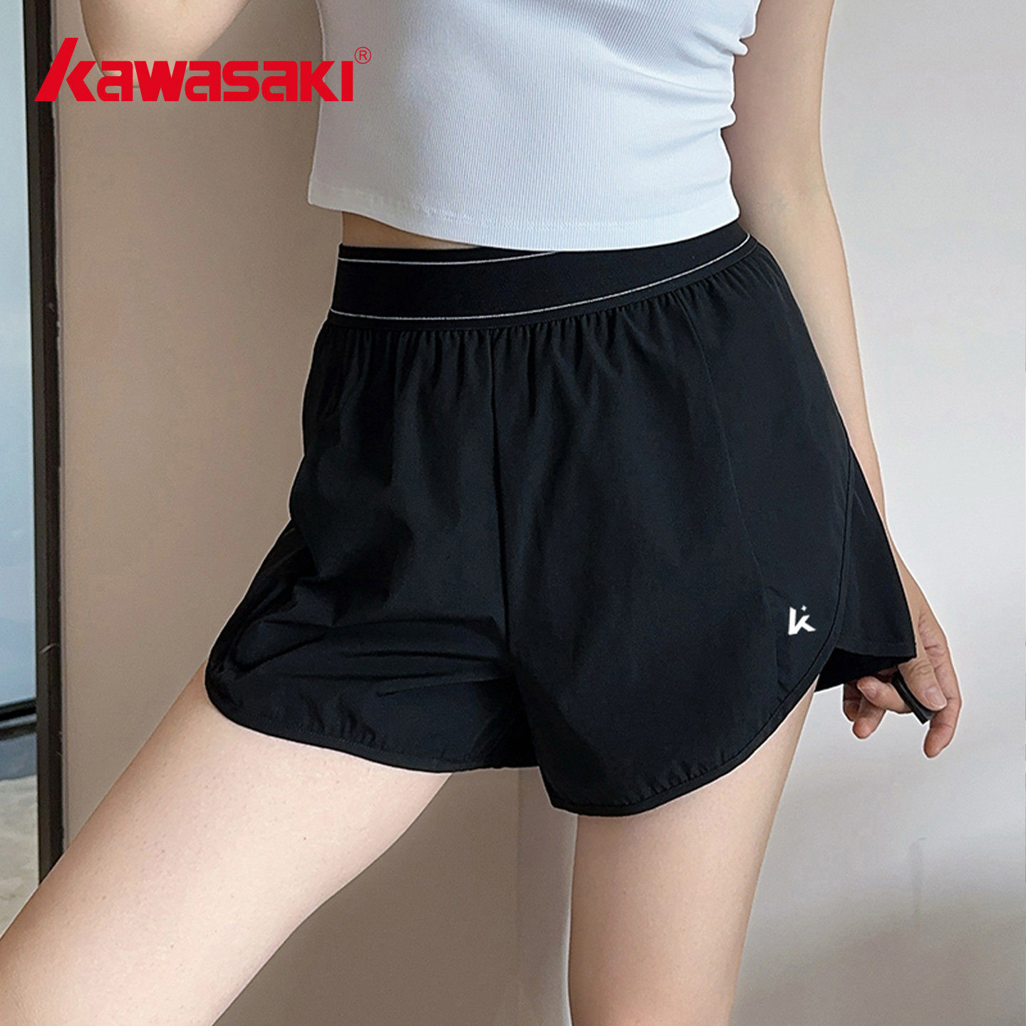 Kawasaki川崎假两件女装防走光跑步吸汗短裤提臀训练跑步运动裤群,淘宝优惠券,粉丝福利购,淘宝优惠卷