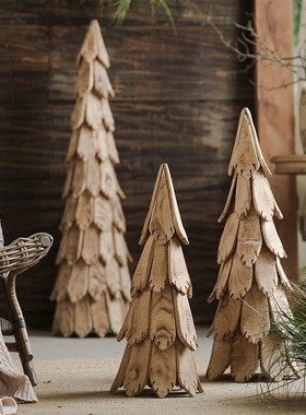 复古圣诞树装饰木松树客厅大型实木落地摆件侘寂风民宿圣诞节造景