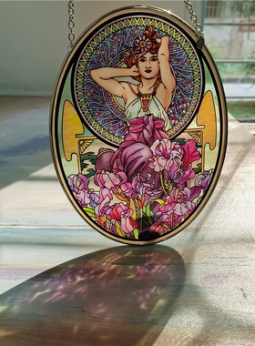 深海吧尖货穆夏黄道十二宫艺术插画彩绘玻璃复古摆件高端创意礼物