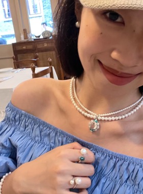 也也双层珍珠月光石吊坠锁骨链