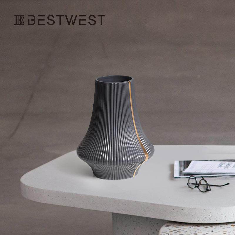 博西家居竖楞烟囱型电镀金边陶瓷大花瓶摆件客厅软装饰品花器,淘宝优惠券,粉丝福利购,淘宝优惠卷