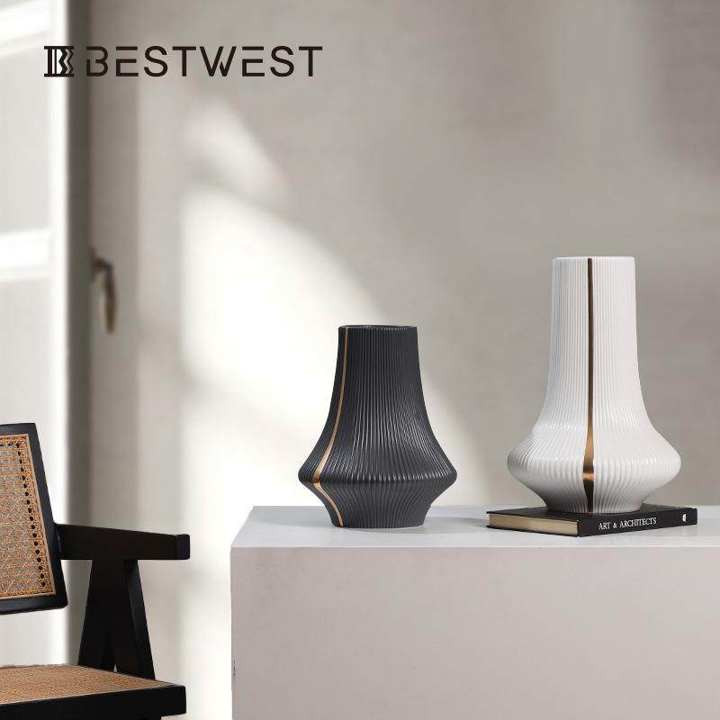 博西家居竖楞烟囱型电镀金边陶瓷大花瓶摆件客厅软装饰品花器,淘宝优惠券,粉丝福利购,淘宝优惠卷