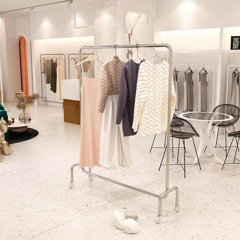 服装店挂衣杆落地式不锈钢拉丝银男女装店中岛展示架带轮陈列货架,淘宝优惠券,粉丝福利购,淘宝优惠卷