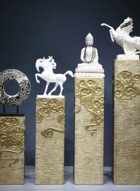 玄关摆件进门入户过道新中式客厅装饰店铺茶室禅意祥云柱落地底座
