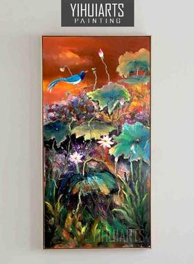 两联竖幅玄关走廊手绘花卉肌理无框中式家居装饰画夏日荷花挂画