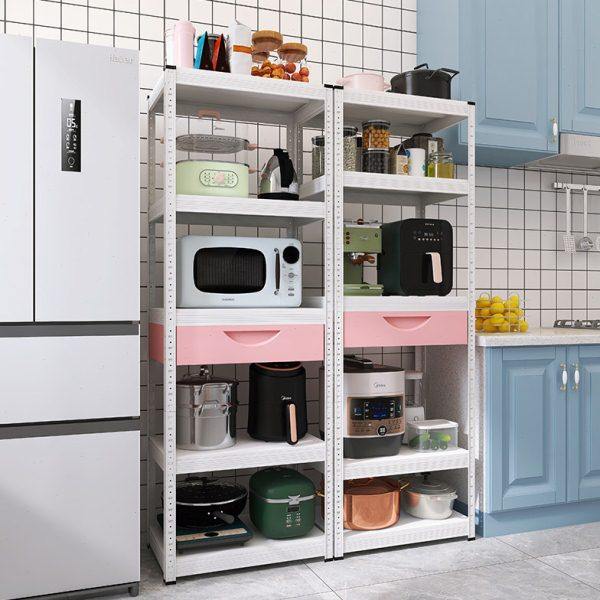 白色厨房置物架落地多层带粉色抽屉微波炉烤箱收纳柜子家用橱柜,淘宝优惠券,粉丝福利购,淘宝优惠卷