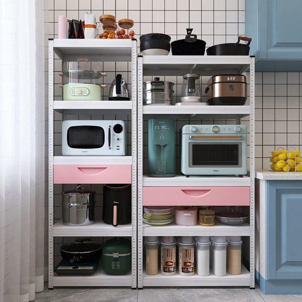 白色厨房置物架落地多层带粉色抽屉微波炉烤箱收纳柜子家用橱柜,淘宝优惠券,粉丝福利购,淘宝优惠卷
