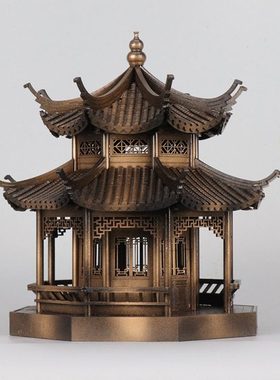 新中式禅意古铜色建筑中国风玄关柜茶桌八角凉亭样板间售楼部摆件