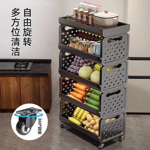 厨房菜篮子置物架落地多层放菜架子碳钢塑料侧边收纳架移动小推车 - 图2