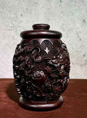 黑檀木雕刻 龙凤罐收纳罐浮雕龙凤 储物罐子家居摆设直播供货批发