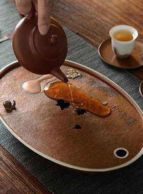 纯铜壶承干泡台福禄錾刻纯手工小型茶盘家用茶具紫铜茶托盘