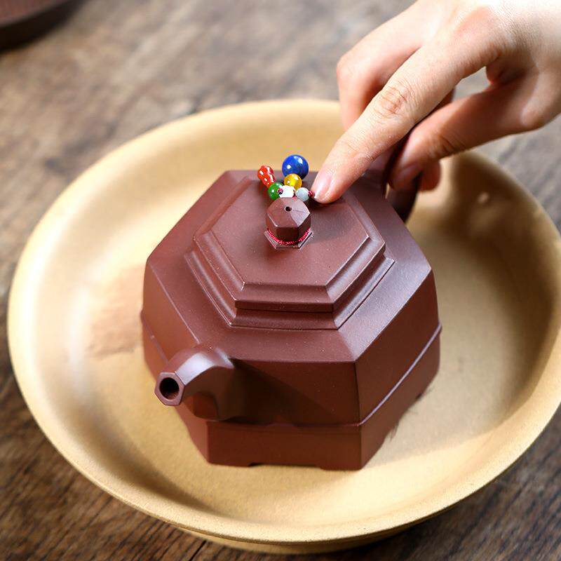 Yixing purple sand pot tea set original ore bottom trough green fully handmade six-square well rail teapot live square pot with head
