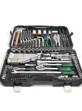 142PCS套筒五金工具套装棘轮扳手接杆转换头压批机修汽保铝铁盒箱