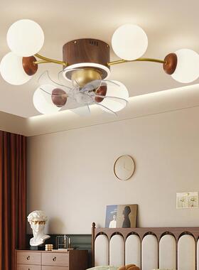 中古风扇灯北欧客厅吸顶风扇灯复古胡桃木纹摇头静音电扇魔豆灯具