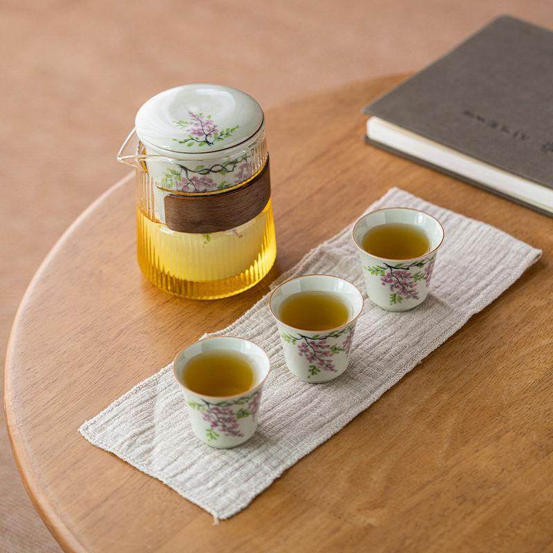 草木灰釉下彩手绘紫藤花旅行茶具套装户外便携式快客杯一壶三杯,淘宝优惠券,粉丝福利购,淘宝优惠卷