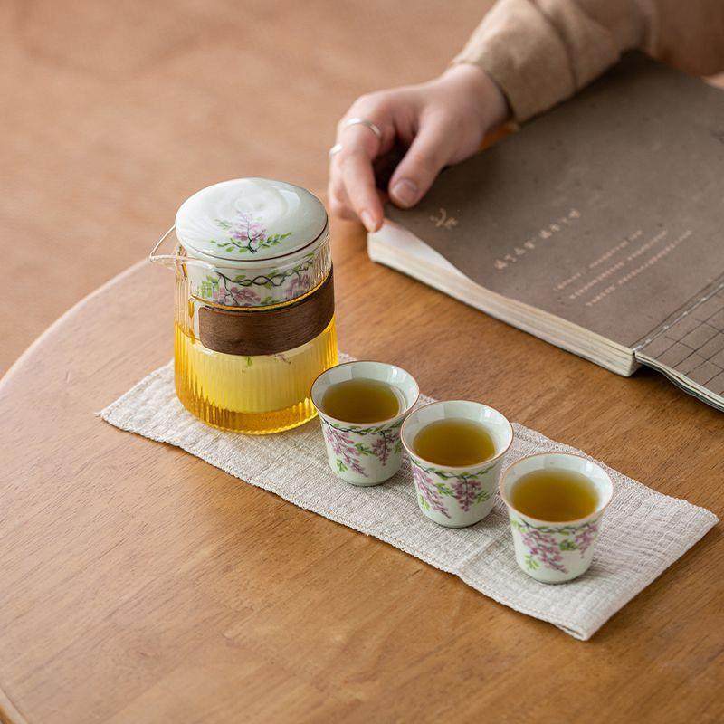 草木灰釉下彩手绘紫藤花旅行茶具套装户外便携式快客杯一壶三杯,淘宝优惠券,粉丝福利购,淘宝优惠卷