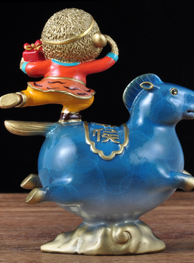 彩铜卡通马上封侯摆件车载可爱猴子马工艺品家居客厅电视柜装饰品